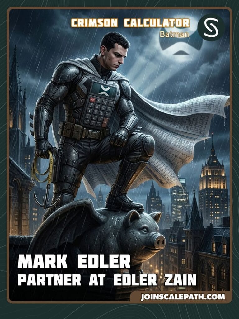 Entrepreneur trading card for Mark Edler of Edler Zain, illustrated as a Batman parody with a figure in armor standing on a gargoyle pig holding a calculator, cape made of a spreadsheet