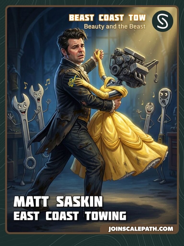 Entrepreneur trading card for Matt Saskin of East Coast Towing, illustrated as a Beauty and the Beast parody with a man in formal attire dancing with a car engine