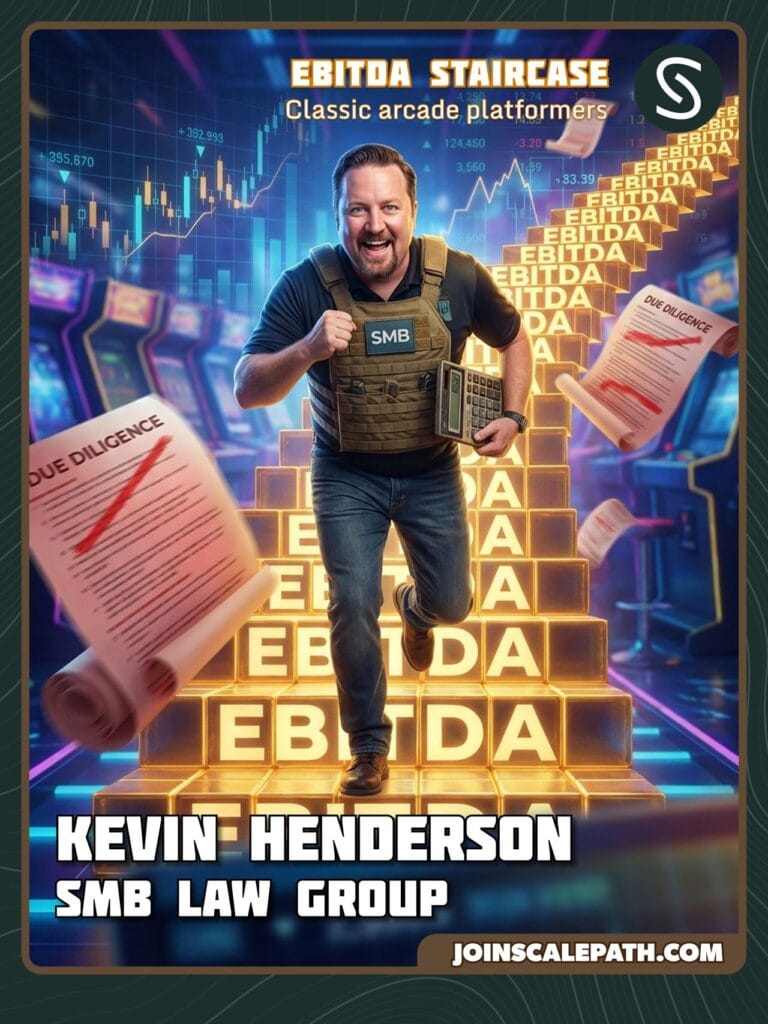 Entrepreneur trading card for Kevin Henderson of SMB Law Group, illustrated as an arcade platformer parody with the man in a tactical vest running up EBITDA-labeled steps amid due diligence documents
