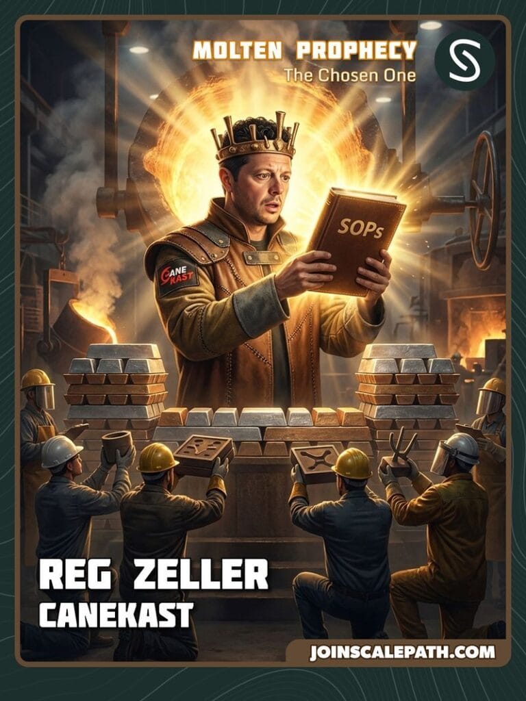 Entrepreneur trading card for Reg Zeller of Canekast, illustrated as a Chosen One parody with a man in a crown and work gear holding a glowing SOPs book above workers in a molten factory